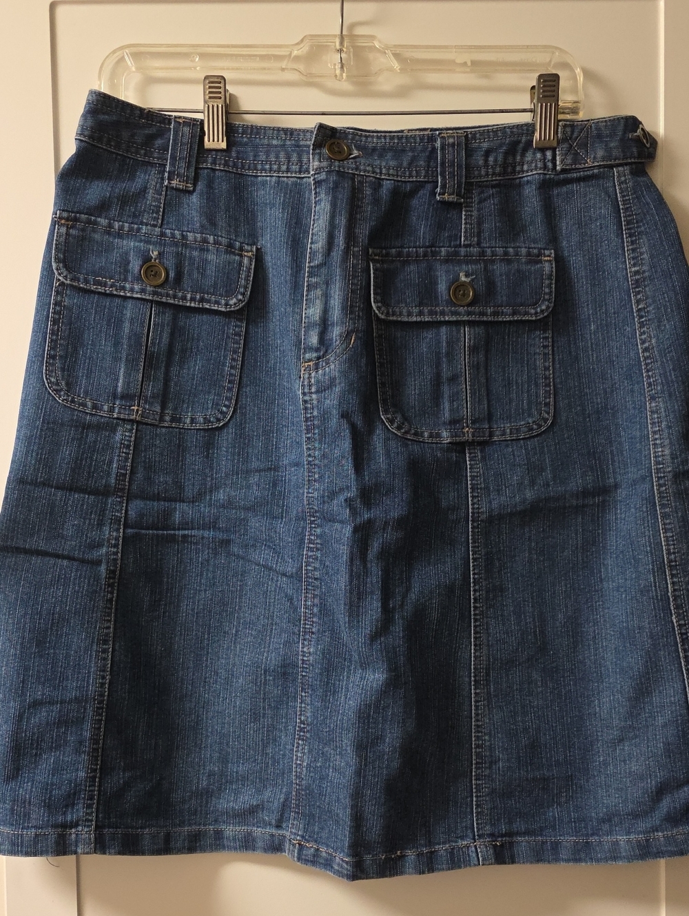 Erik Stewart Vintage Blue Denim A-Line Skirt with Button-Flap Pockets Size 8
